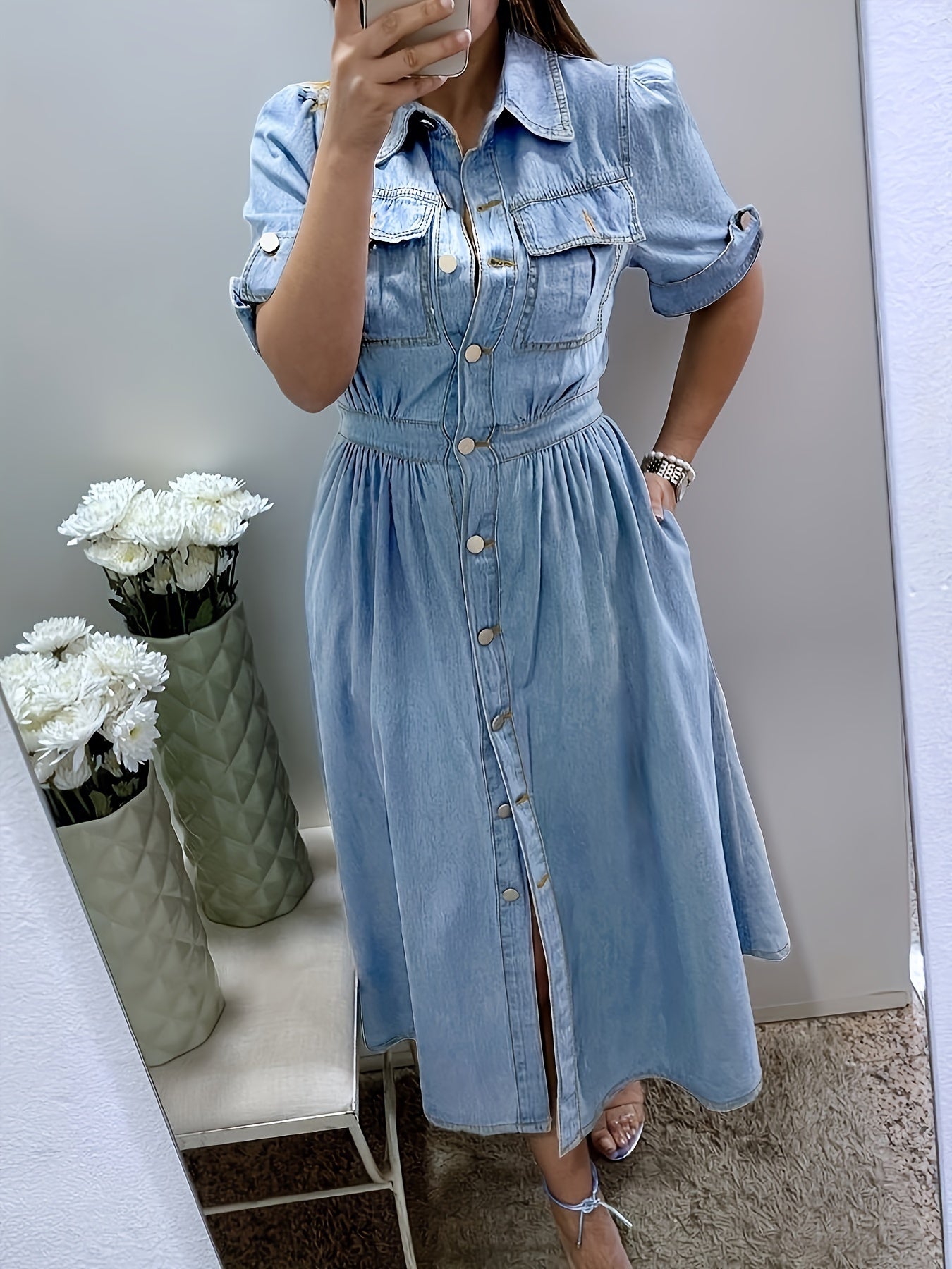Women's Solid Shirt Dress - Button Front detail view