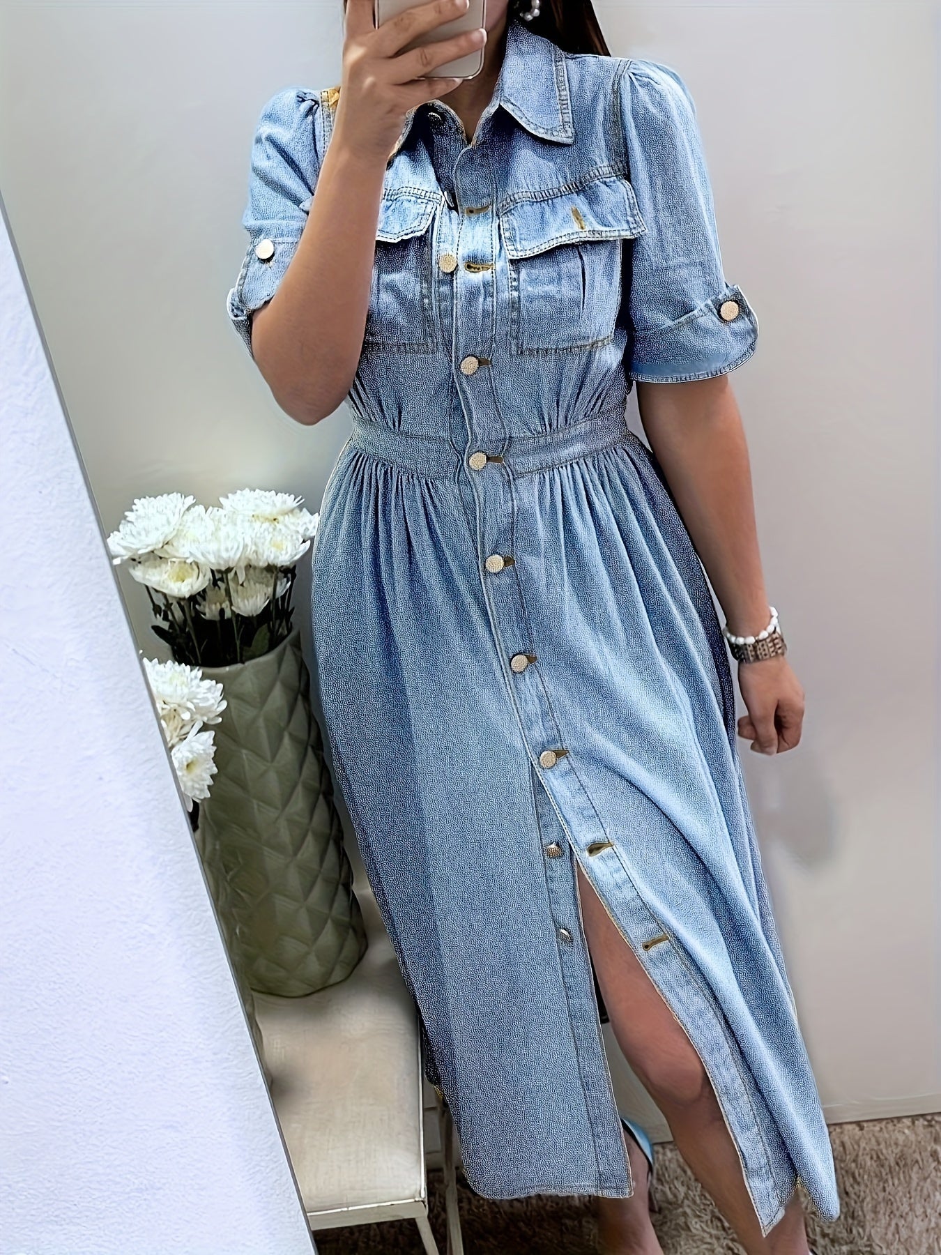 Women's Solid Shirt Dress - Button Front detail view