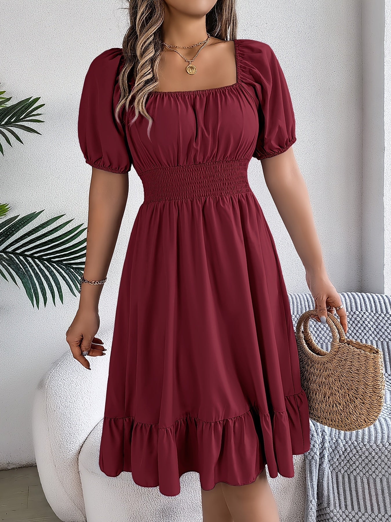 Women's Solid Square Neck A-Line Dress detail view