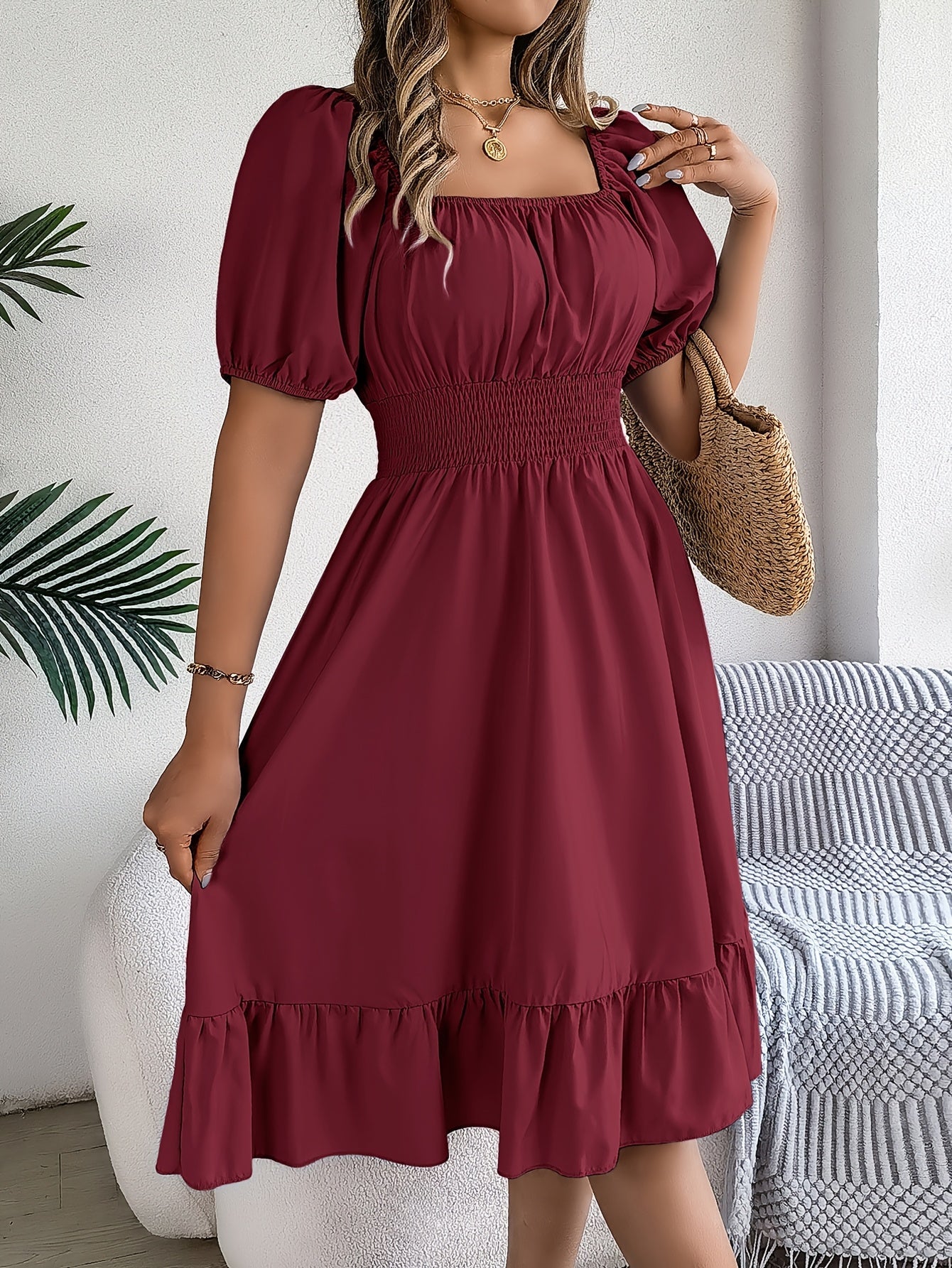 Women's Solid Square Neck A-Line Dress detail view
