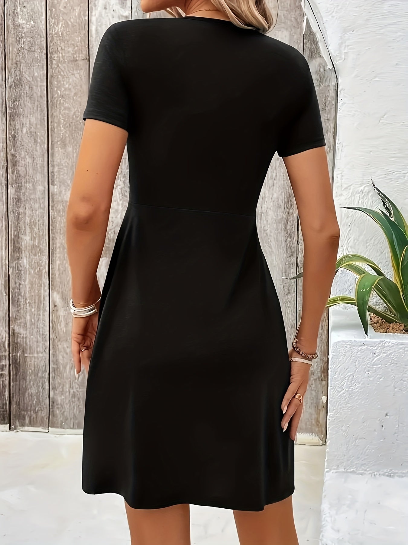 Women's Solid V-Neck A-Line Dress – Short Sleeve detail view