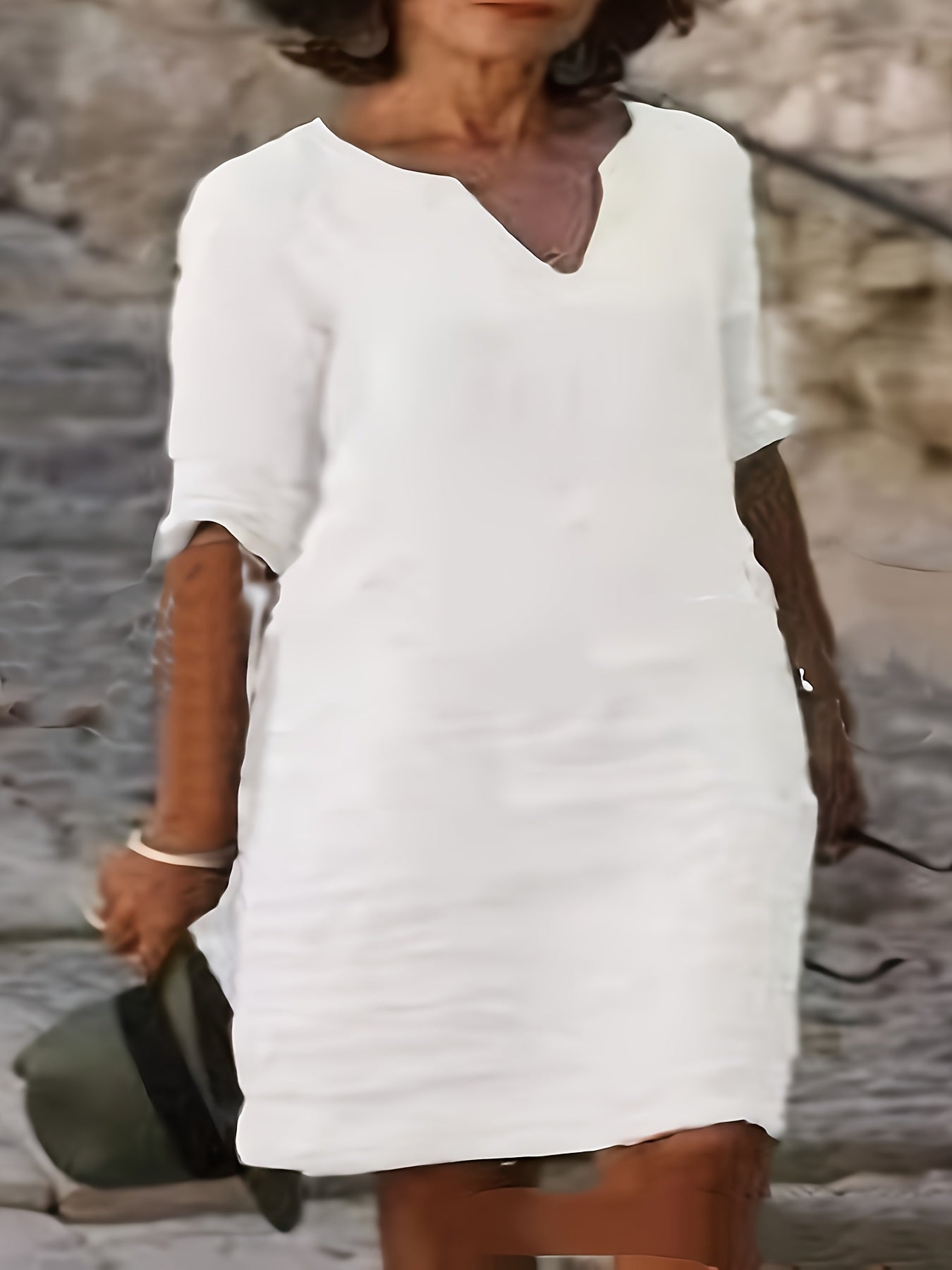 Women's Solid V-Neck Casual Dress – White / Red – White option – view 4