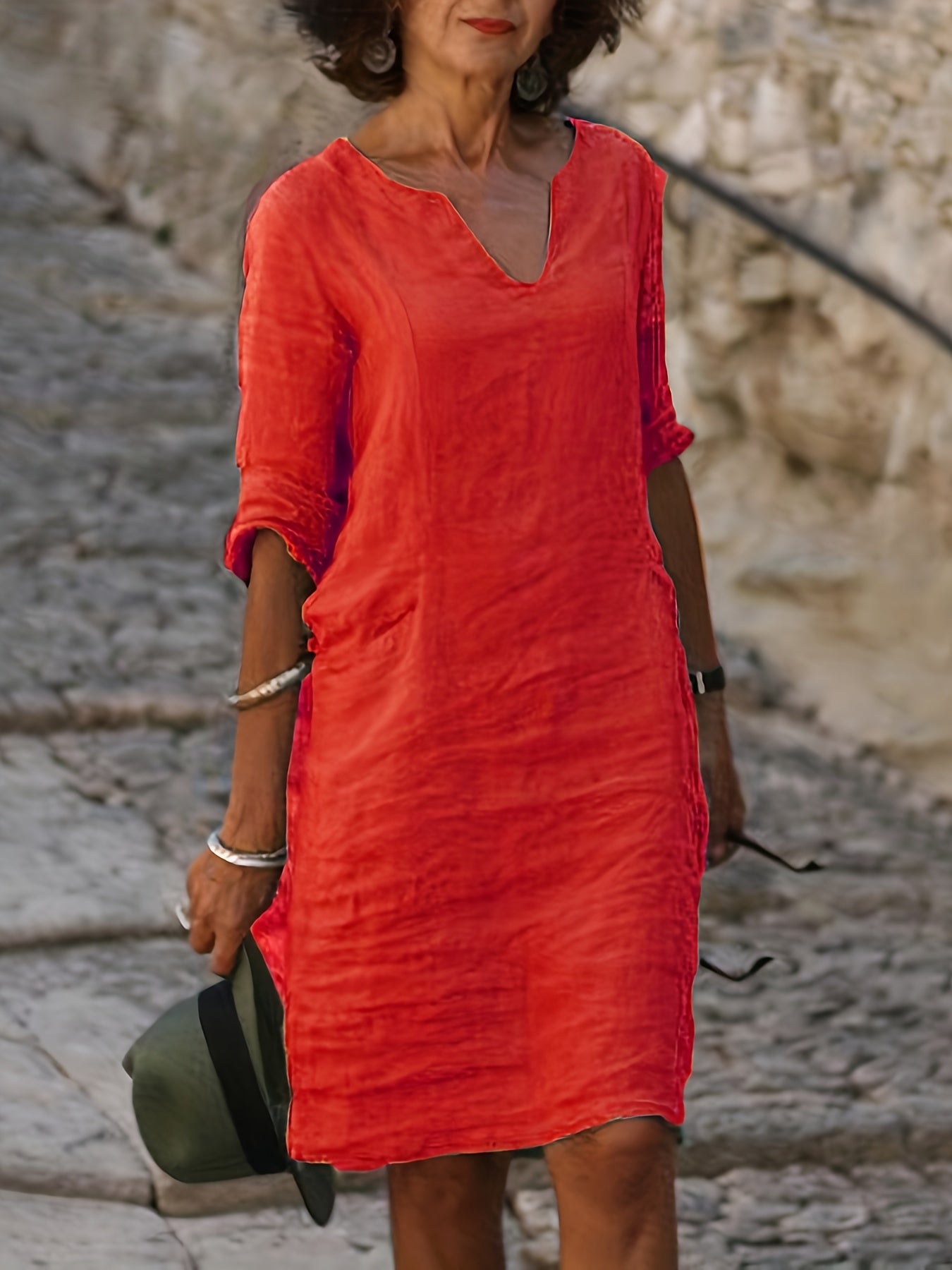Women's Solid V-Neck Casual Dress – White / Red – White option – view 12