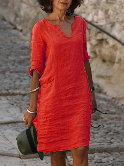 Women's Solid V-Neck Casual Dress – White / Red – White option – view 12