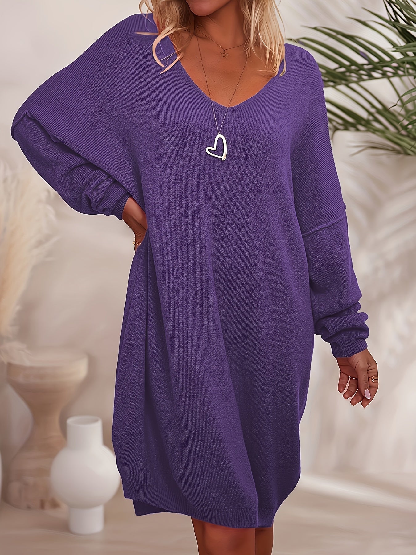 Women's Solid V-Neck Knit Dress - Long Sleeve – main product image