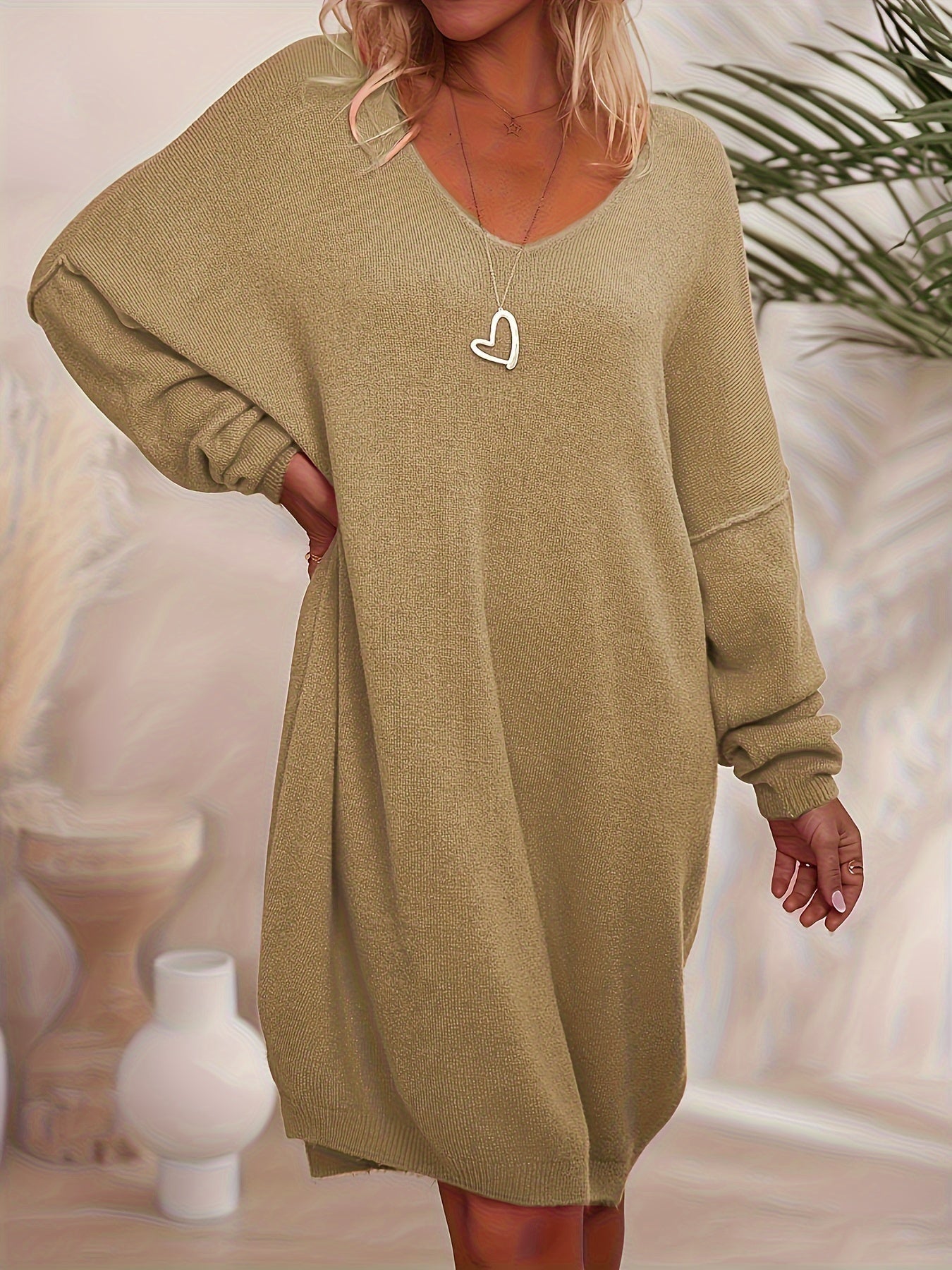 Women's Solid V-Neck Knit Dress - Long Sleeve detail view