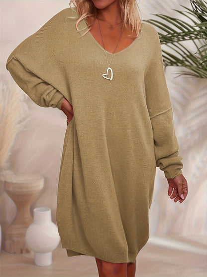 Women's Solid V-Neck Knit Dress - Long Sleeve detail view