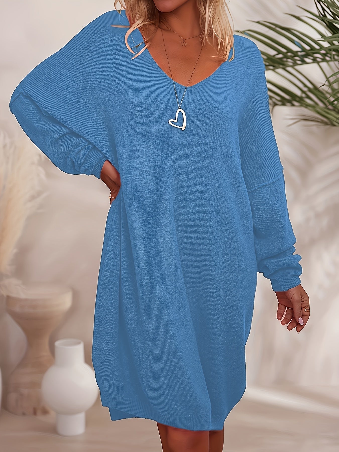 Women's Solid V-Neck Knit Dress - Long Sleeve detail view