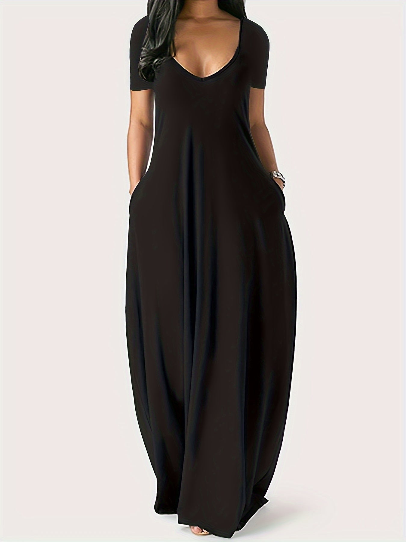 Women's Solid V-Neck Maxi Cocktail Dress - Short Sleeve Party Ready detail view
