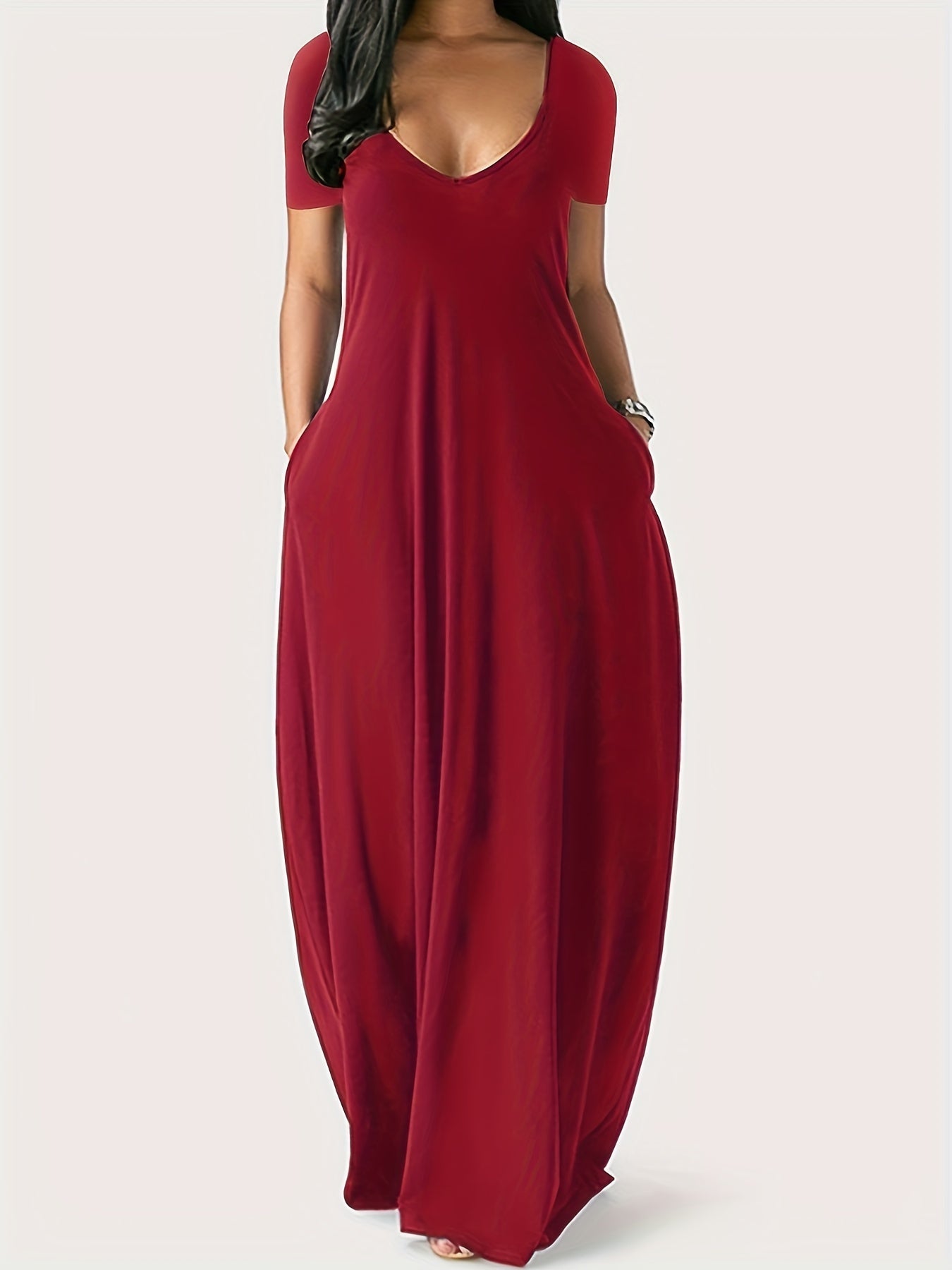 Women's Solid V-Neck Maxi Cocktail Dress - Short Sleeve Party Ready detail view