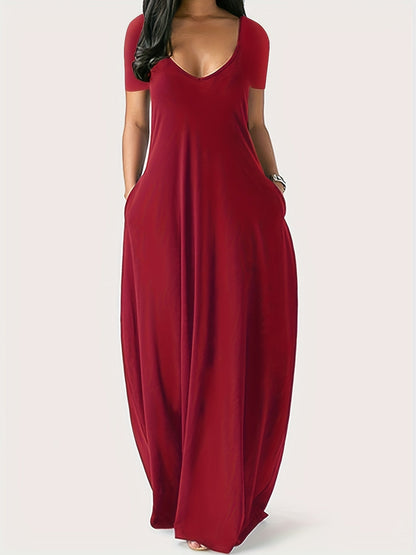 Women's Solid V-Neck Maxi Cocktail Dress - Short Sleeve Party Ready detail view