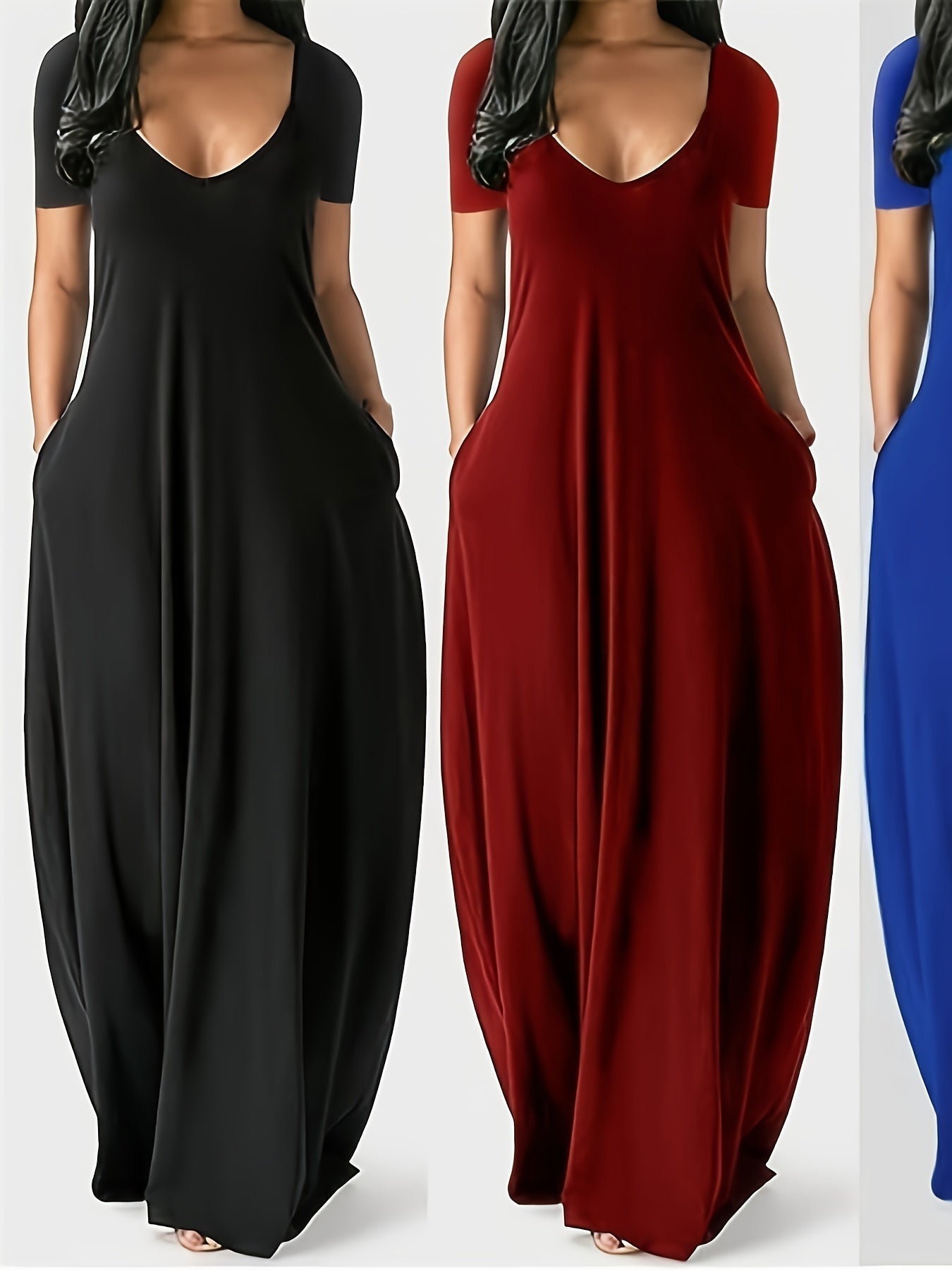 Women's Solid V-Neck Maxi Cocktail Dress - Short Sleeve Party Ready – Black option – main product image