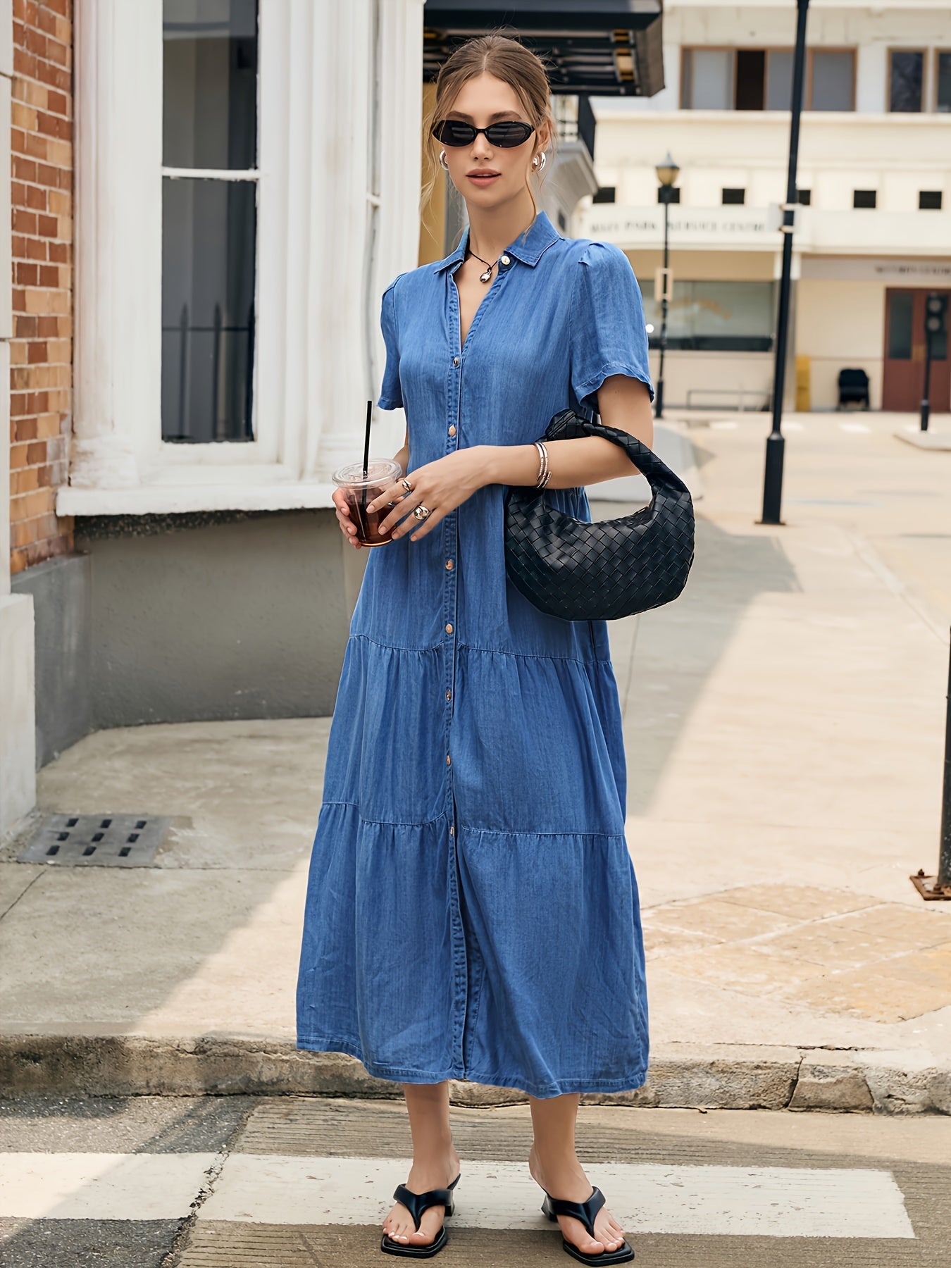 Women's Solid V-Neck Maxi Vacation Dress - Ruffle detail view
