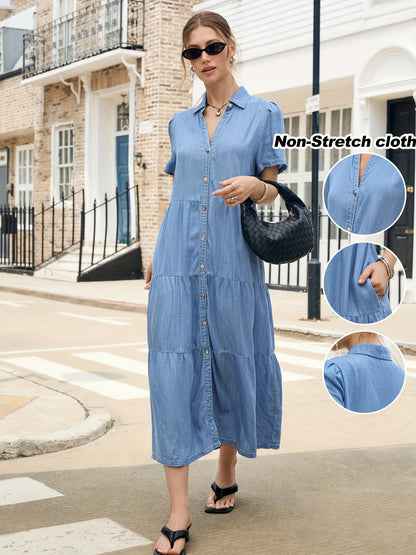 Women's Solid V-Neck Maxi Vacation Dress - Ruffle – Blue option – main product image