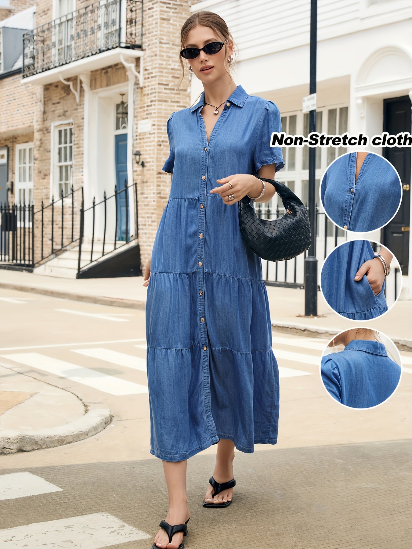 Women's Solid V-Neck Maxi Vacation Dress - Ruffle – Blue option – view 2