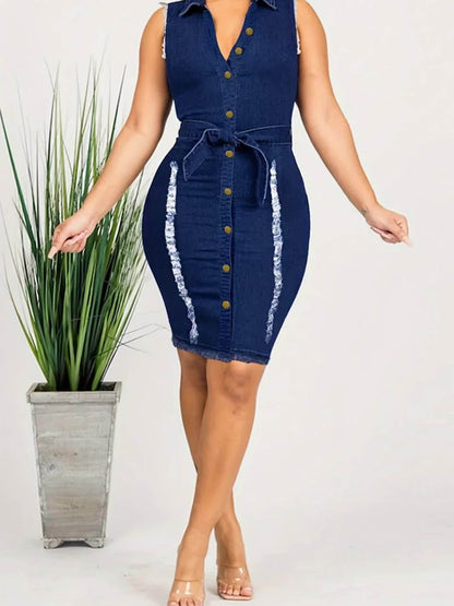 Women's Solid V-Neck Midi Bodycon Dress - Button Front detail view