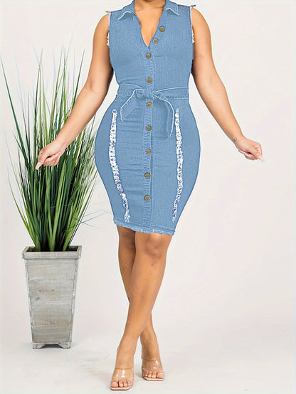 Women's Solid V-Neck Midi Bodycon Dress - Button Front detail view