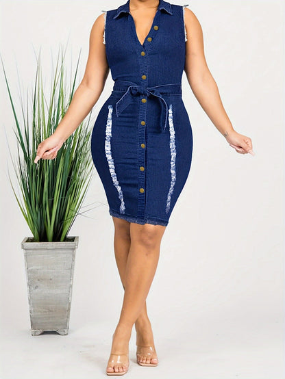 Women's Solid V-Neck Midi Bodycon Dress - Button Front – Blue option – view 6