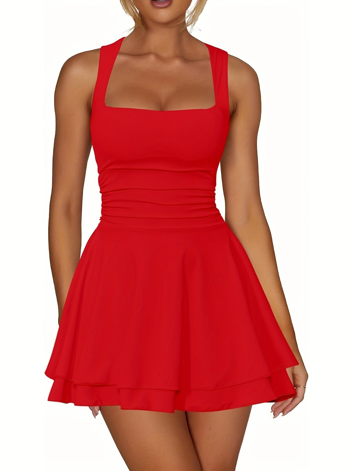 Women's Square Neck Mini Cocktail Dress - Ruffle Party Ready – Black option – view 2