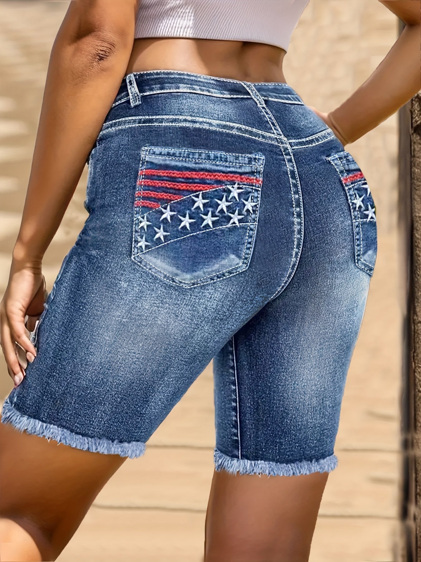 Women's Star Embroidery Denim Shorts - Slim Fit – Blue option – main product image