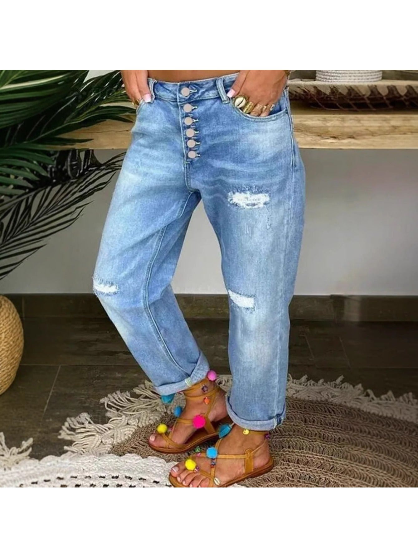 Women's Straight Leg Jeans - Blue Stretch detail view