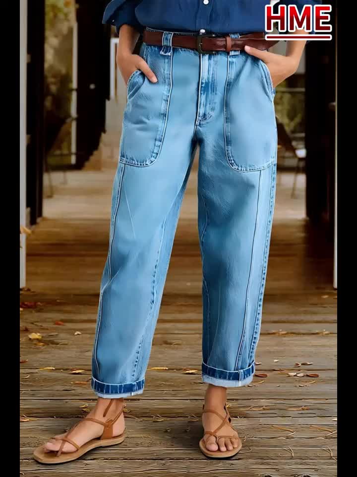 Women's Straight Leg Jeans - Lake Blue Patchwork Stretch detail view