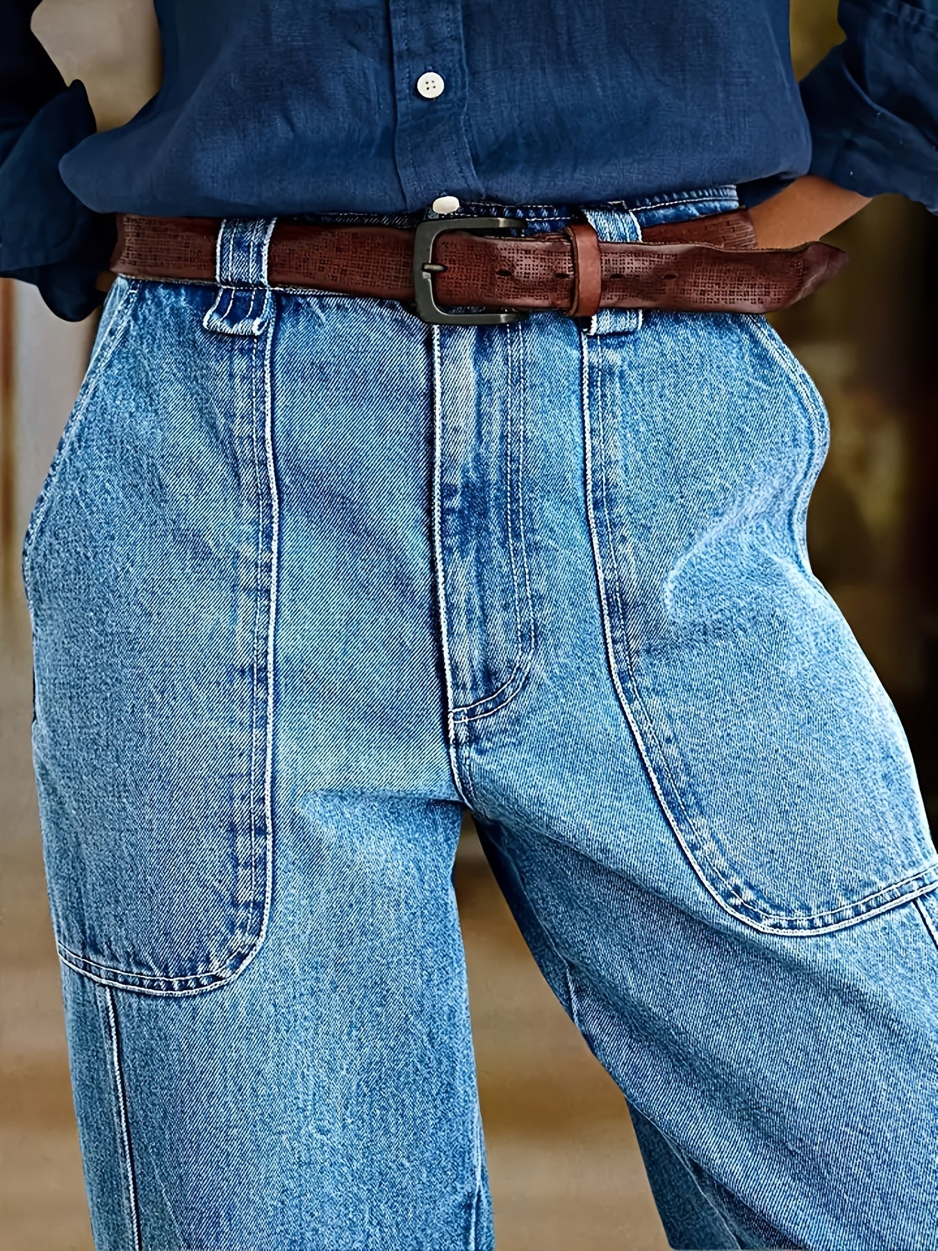 Women's Straight Leg Jeans - Lake Blue Patchwork Stretch detail view
