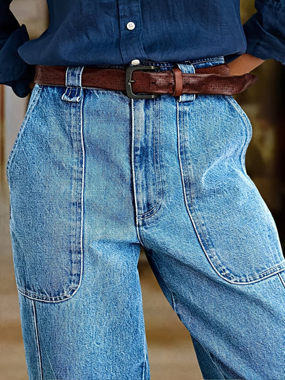 Women's Straight Leg Jeans - Lake Blue Patchwork Stretch detail view
