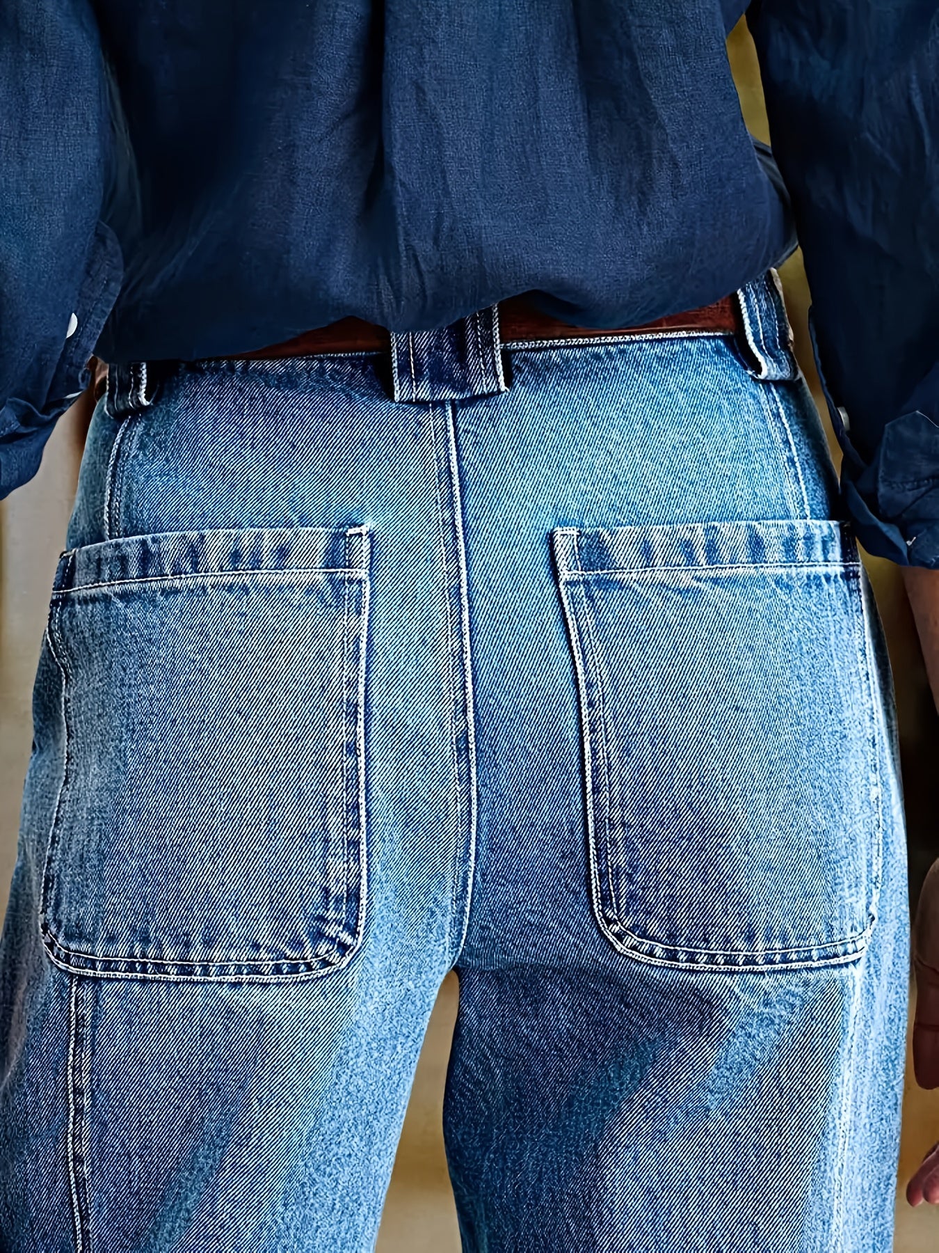 Women's Straight Leg Jeans - Lake Blue Patchwork Stretch detail view