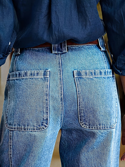 Women's Straight Leg Jeans - Lake Blue Patchwork Stretch detail view