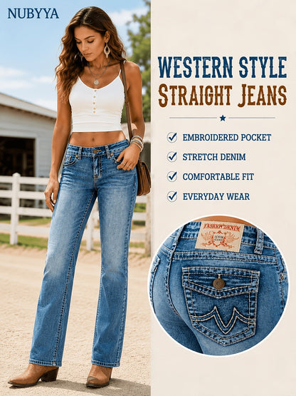 Women's Straight Leg Jeans - Light Blue Vintage Wash Embroidered – Blue option – view 2
