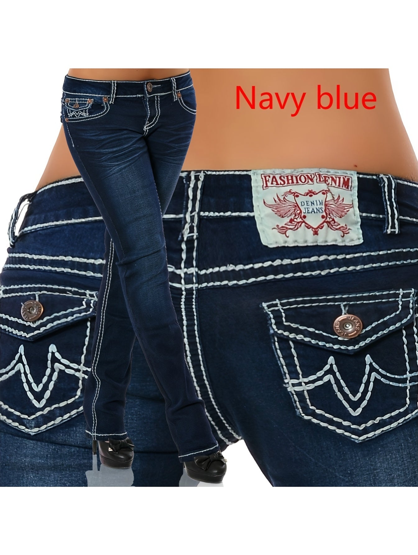 Women's Straight Leg Jeans - Light Blue Vintage Wash Embroidered detail view