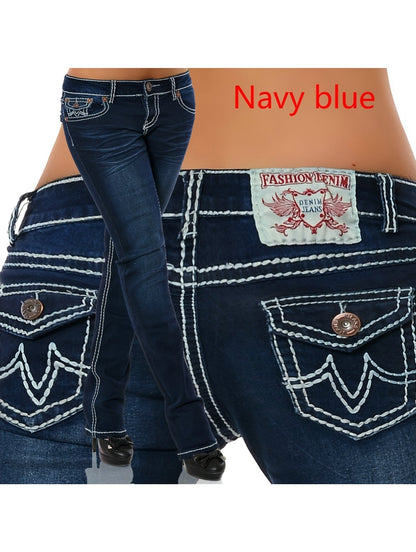 Women's Straight Leg Jeans - Light Blue Vintage Wash Embroidered detail view