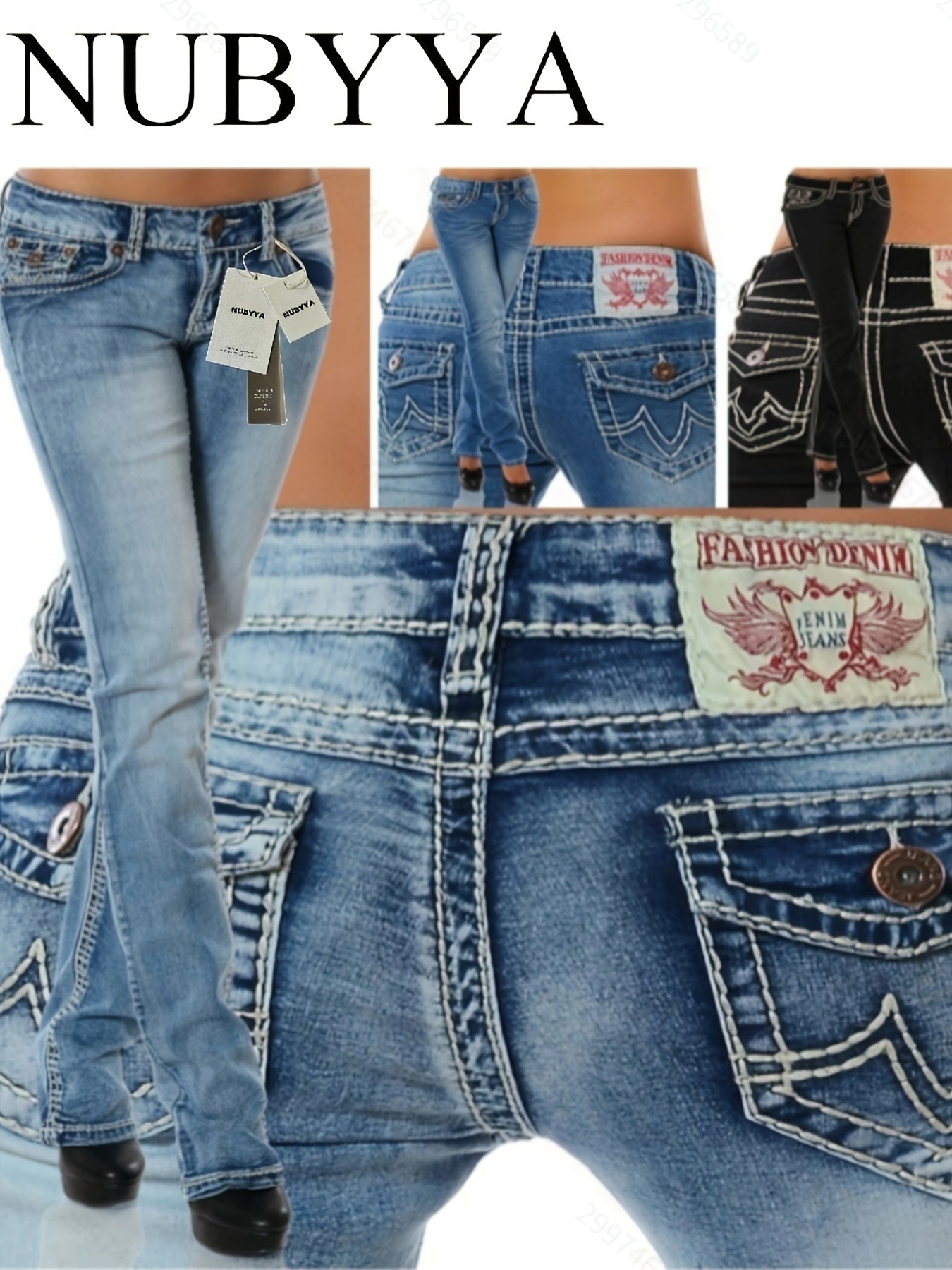 Women's Straight Leg Jeans - Light Blue Vintage Wash Embroidered detail view