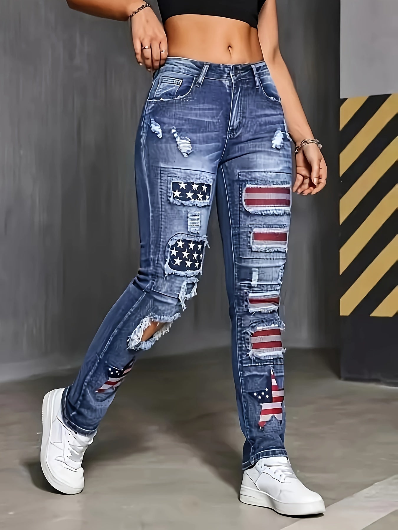 Women's Straight Leg Jeans - Medium Blue Distressed detail view