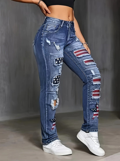 Women's Straight Leg Jeans - Medium Blue Distressed detail view