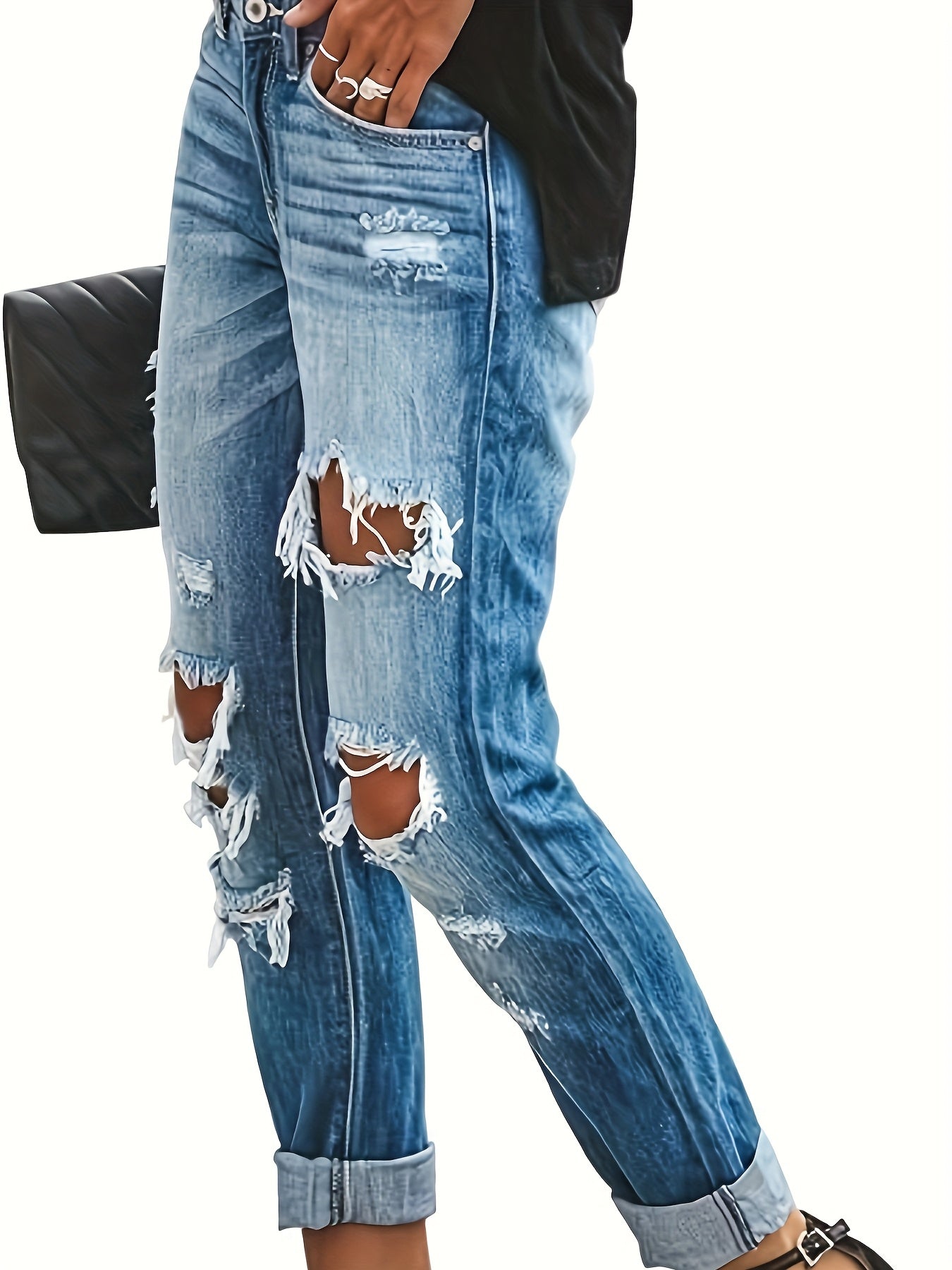 Women's Straight Leg Jeans - Sea Blue Distressed Stretch detail view