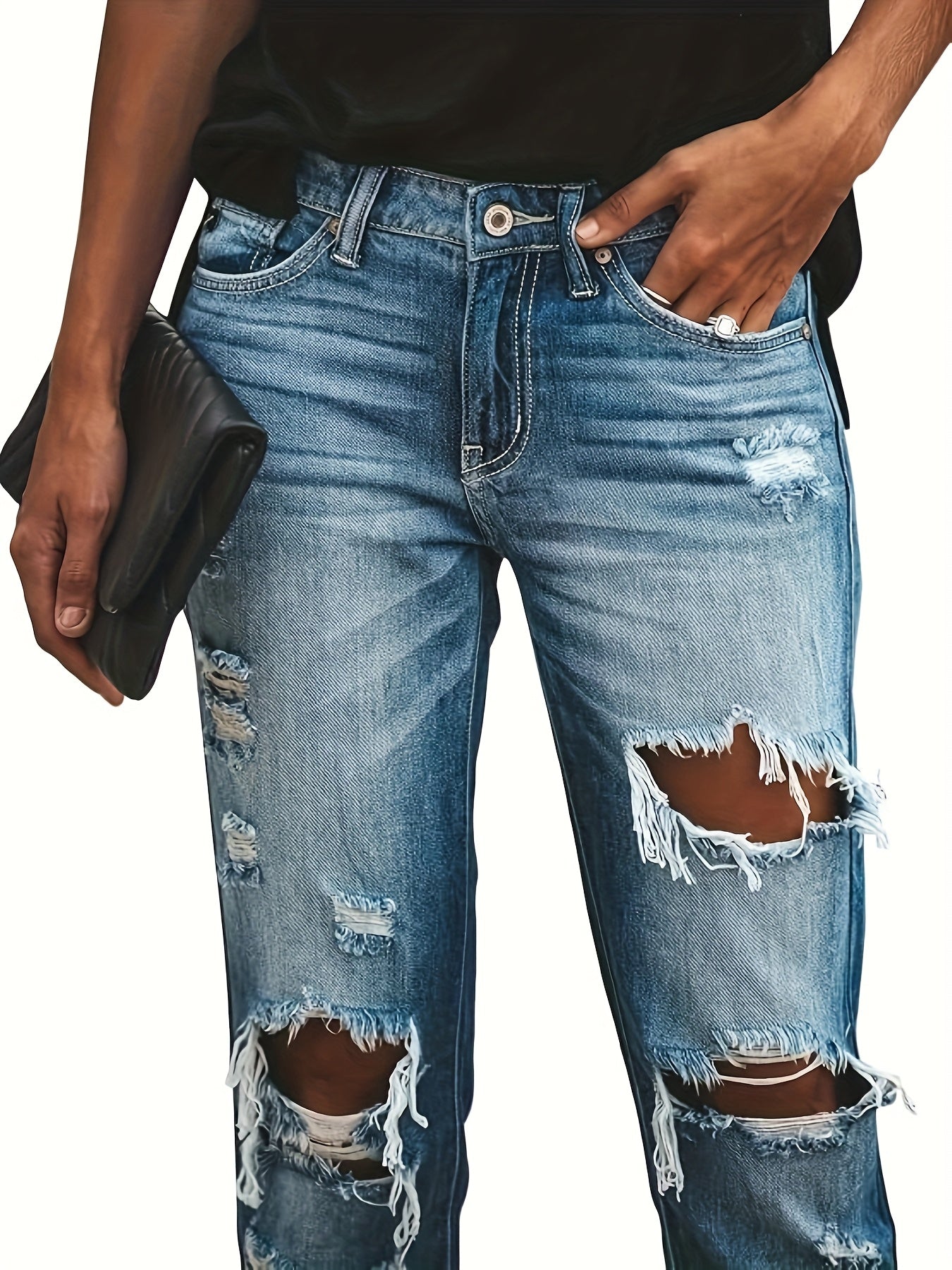 Women's Straight Leg Jeans - Sea Blue Distressed Stretch detail view