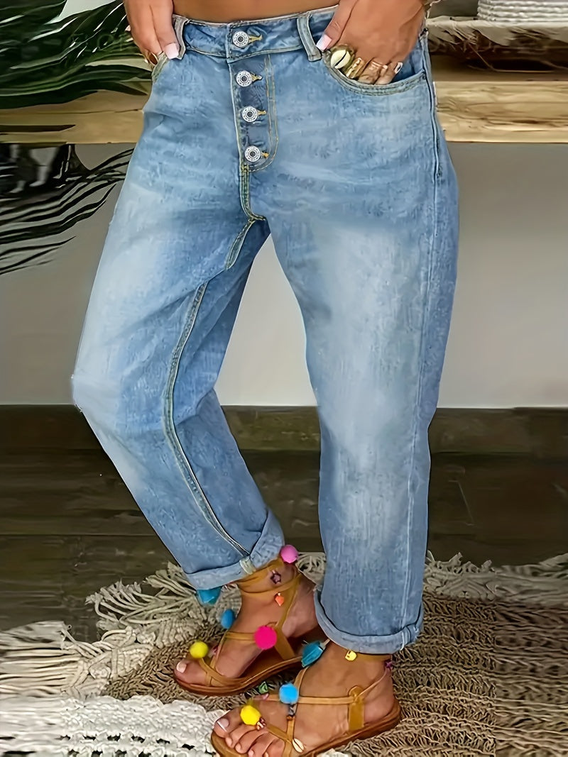Women's Straight Leg Jeans - Sky Blue Stretch detail view