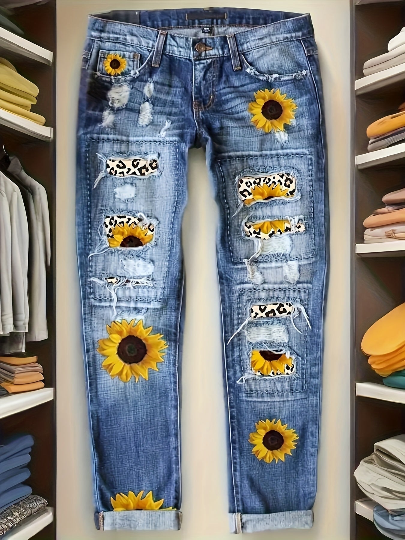 Women's Straight Leg Jeans - Sunflower Pattern Stretch detail view