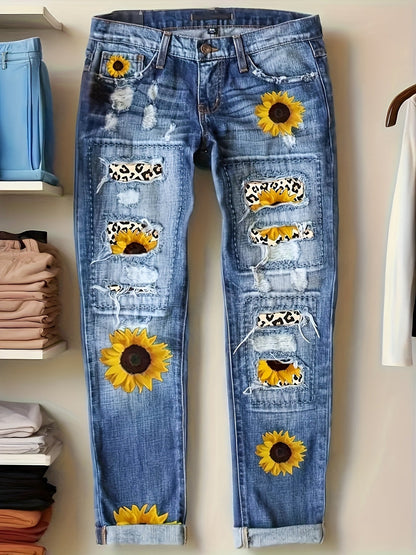 Women's Straight Leg Jeans - Sunflower Pattern Stretch detail view