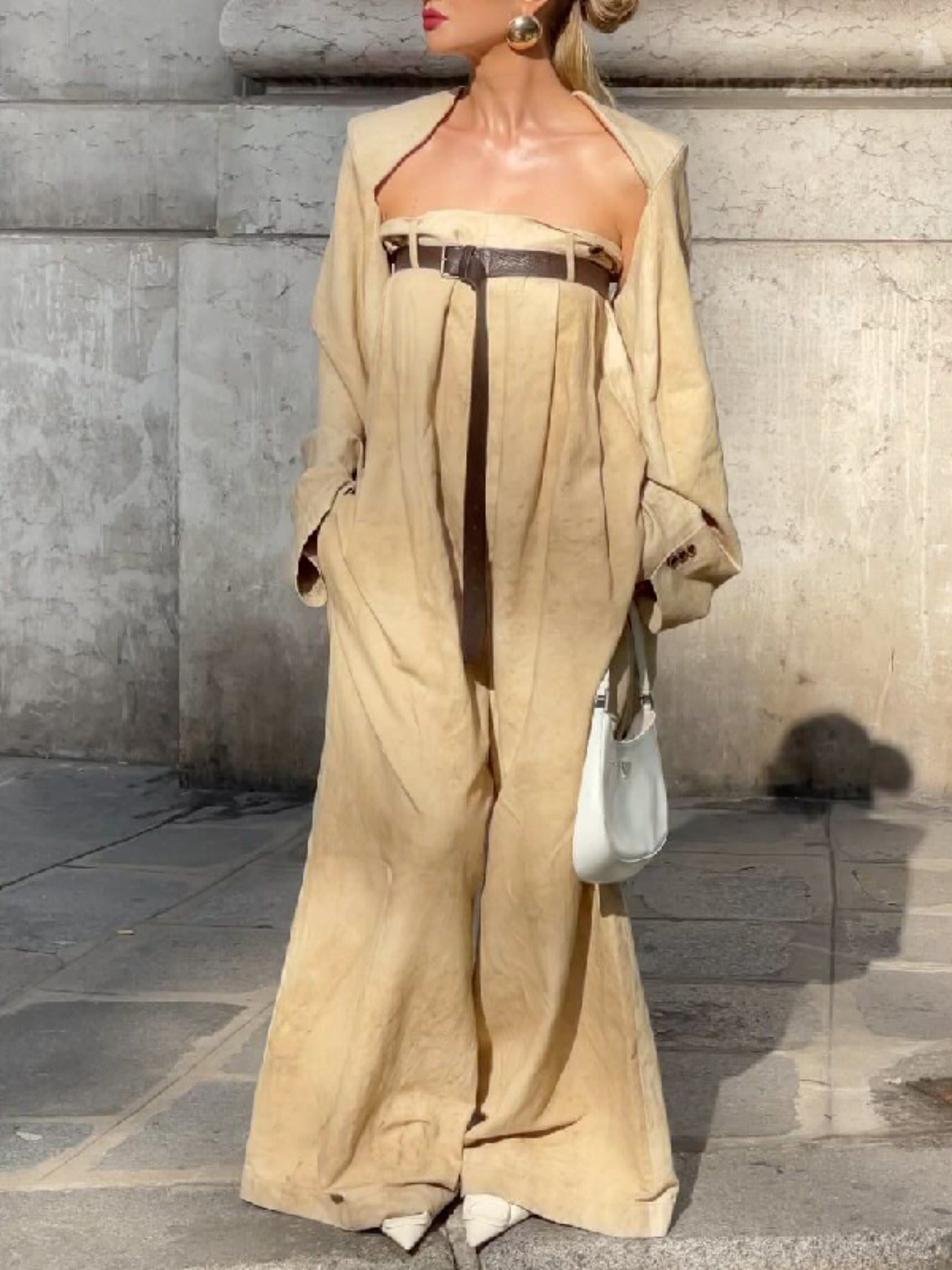 Women's Strapless Jumpsuit Outfit Set - Collarless Jacket and Wide Leg Jumpsuit detail view
