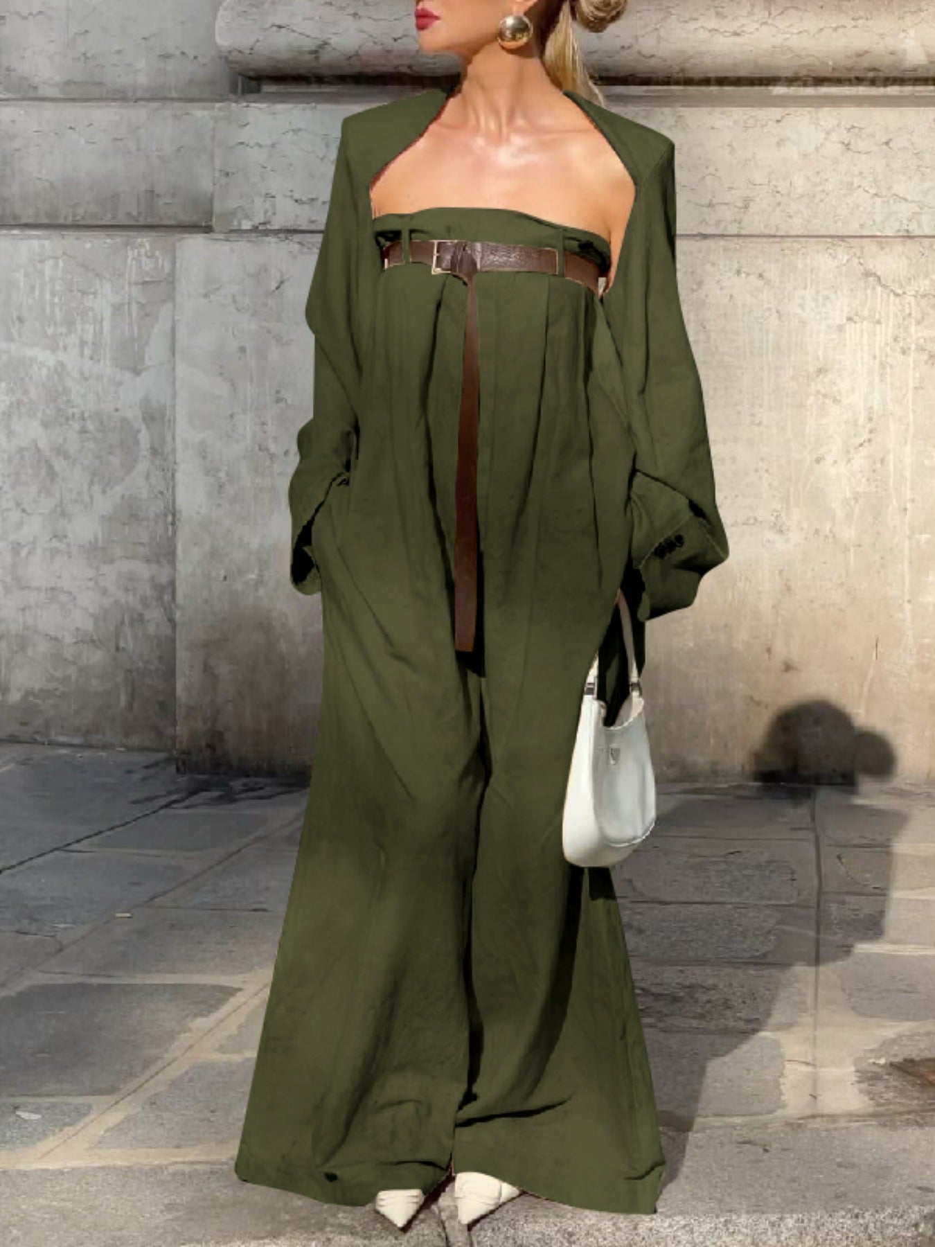 Women's Strapless Jumpsuit Outfit Set - Collarless Jacket and Wide Leg Jumpsuit detail view