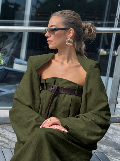 Women's Strapless Jumpsuit Outfit Set - Collarless Jacket and Wide Leg Jumpsuit detail view