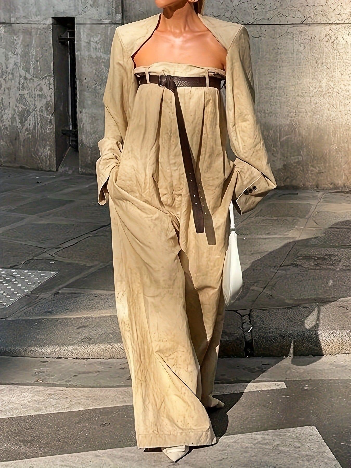 Women's Strapless Jumpsuit Outfit Set - Collarless Jacket and Wide Leg Jumpsuit detail view