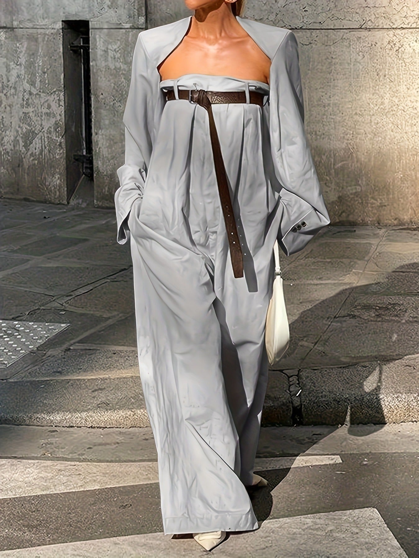 Women's Strapless Jumpsuit Outfit Set - Collarless Jacket and Wide Leg Jumpsuit detail view