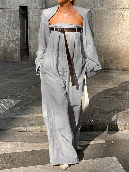 Women's Strapless Jumpsuit Outfit Set - Collarless Jacket and Wide Leg Jumpsuit detail view