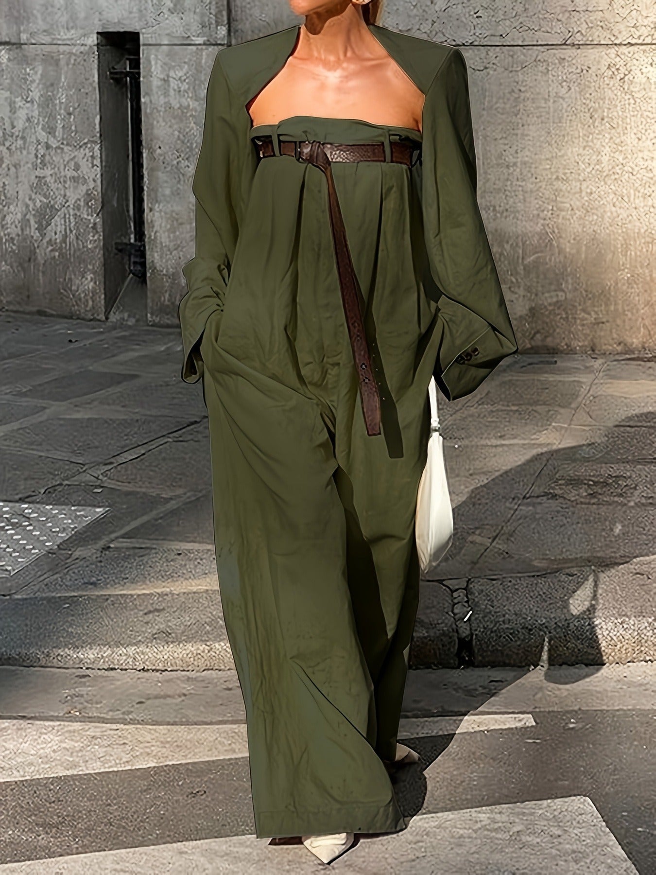 Women's Strapless Jumpsuit Outfit Set - Collarless Jacket and Wide Leg Jumpsuit detail view