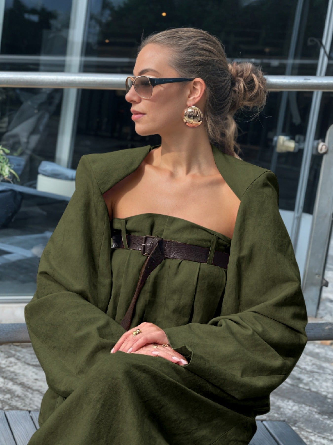 Women's Strapless Jumpsuit Outfit Set - Collarless Jacket and Wide Leg Jumpsuit detail view