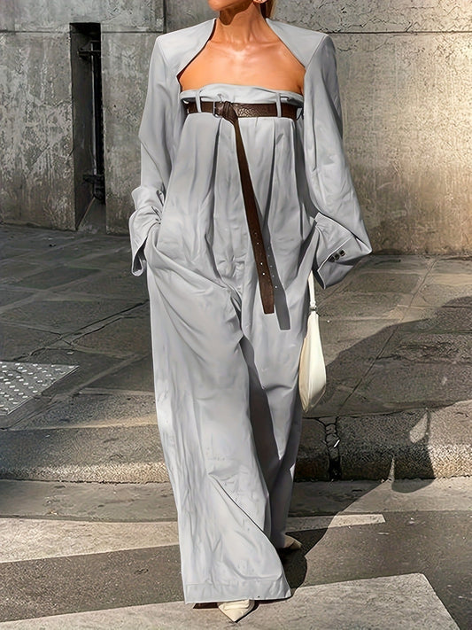 Women's Strapless Jumpsuit Outfit Set - Collarless Jacket and Wide Leg Jumpsuit – Khaki option – main product image